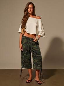 Athîral Denim Vintage Camouflage Cargo Pants, Summer Loose Wide Leg Capri Pants - Army Green - View 3