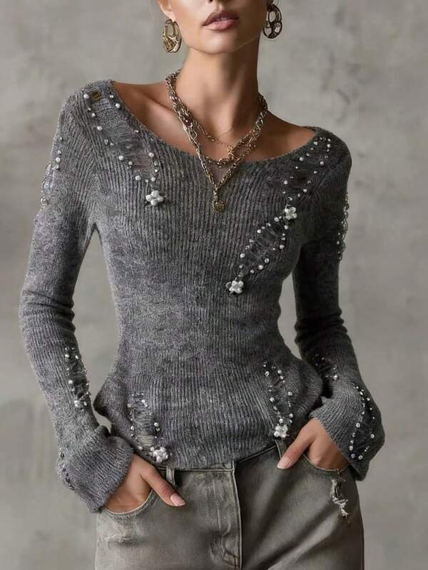 SHEIN Women's Faux Pearl Decor Casual Versatile Daily Wear Long Sleeve Sweater