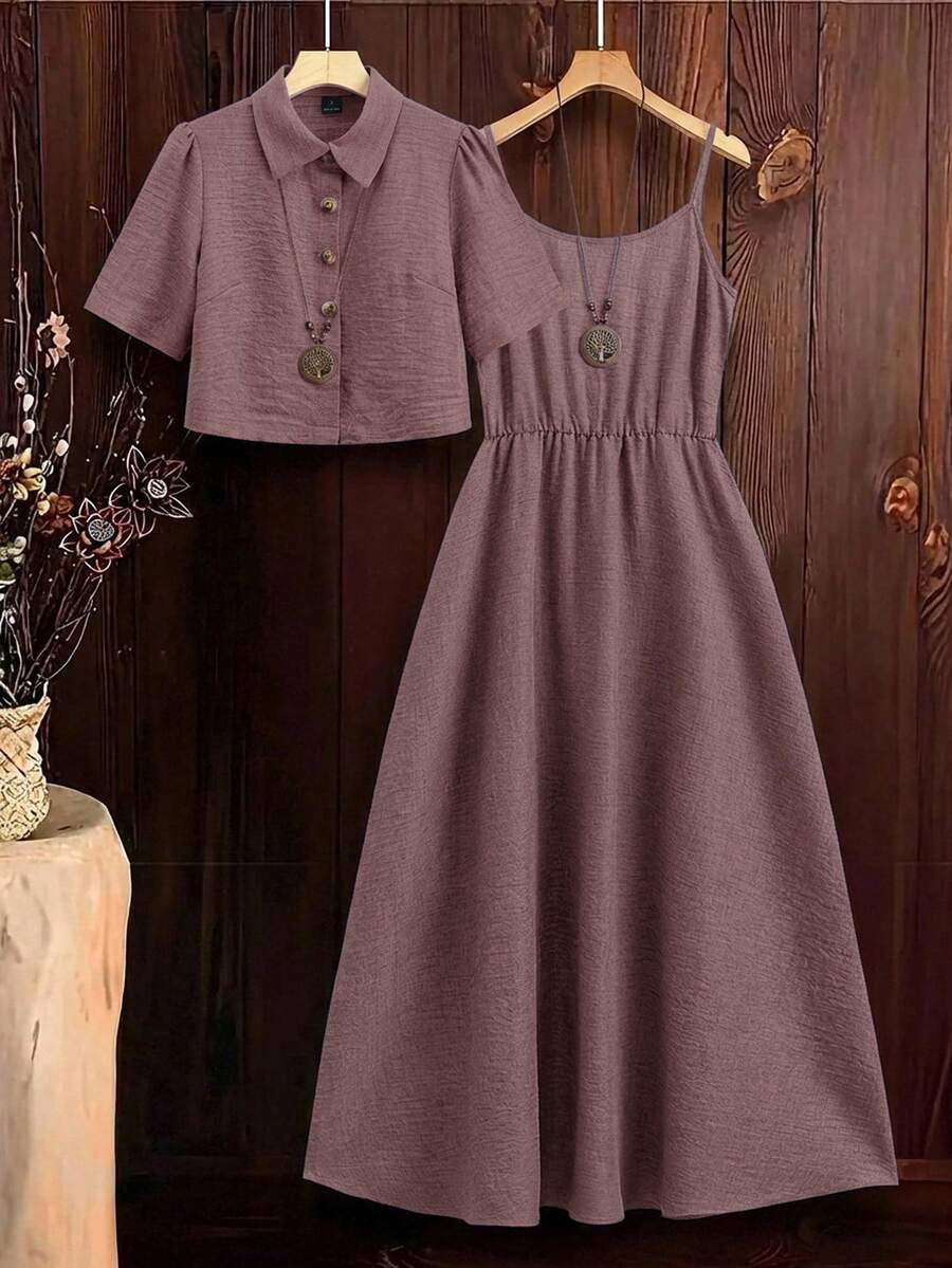 SHEIN Clasi Women's New Elegant Denim Effect Shirt & Camisole Dress 2-Piece Set, Suitable For Commuting And Multiple Occasions - Dusty Purple - View 1