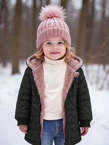 SHEIN Baby Girl Autumn/Winter Cute Black Heart Pattern Thermal Lined Hooded Jacket And Pants Set - Black - View 5