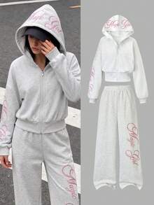 SHEIN 青少年女孩連帽衫兩件套，拉鍊連帽衫，休閒，寬鬆，針織，返校季，復古，秋季服飾，秋季字母灰色女孩套裝，韓系Y2K - 灰色 - 查看 1