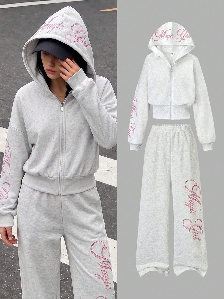 SHEIN 青少年女孩連帽衫兩件套,拉鍊連帽衫,休閒,寬鬆,針織,返校季,復古,秋季服飾,秋季字母灰色女孩套裝,韓系Y2K - 灰色 - 查看 1