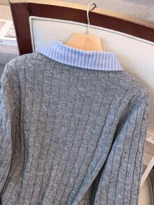 SHEIN Clasi Plus Size Sweater Blouse Collar Turn-Up Cuff Button Front Cardigan Knit Splicing 2 In 1 Set Fall Winter Cloth For Women Autumn - Grey - View 7