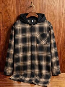 SHEIN 兒童青少年男孩休閒日常舒適格紋拼接連帽寬鬆長袖梭織鈕扣襯衫，適合通勤、上學、日常休閒外出與運動，春夏秋冬四季適用 - 卡其色 - 查看 4