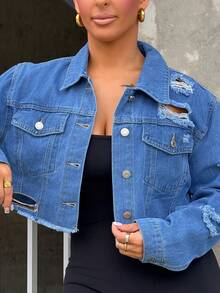 SAYEHFBABY Women's Distressed Water Washed Denim Jacket, Suitable For Spring And Autumn Casual - Medium Wash - View 6