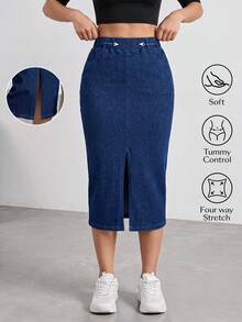 Flexra Women's Casual Washed Slit Slim Fit Denim Skirt Office Navy Blue Autumn - Blue - View 1