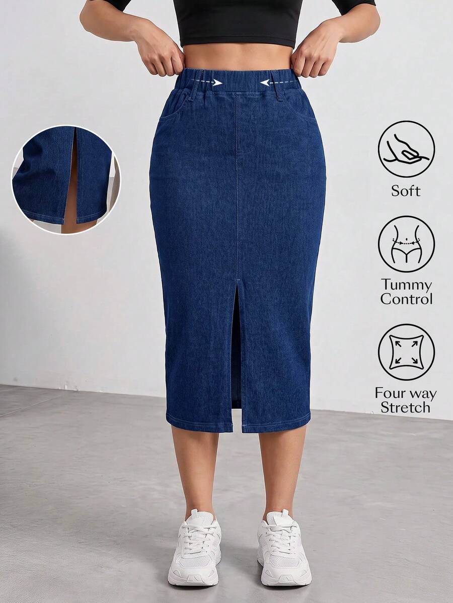Flexra Women's Casual Washed Slit Slim Fit Denim Skirt Office Navy Blue Autumn - Blue - View 1
