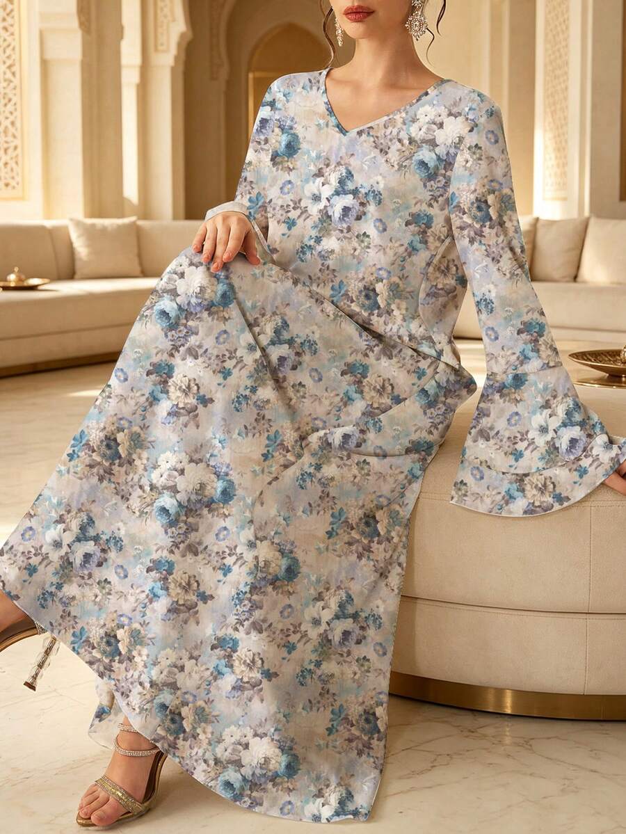 Al Najma 女款優雅端莊V領荷葉袖大裙擺印花洋裝，精緻花卉圖案，保守風格，聚酯纖維，適合居家、外出、夏季 - 彩色 - 查看 1