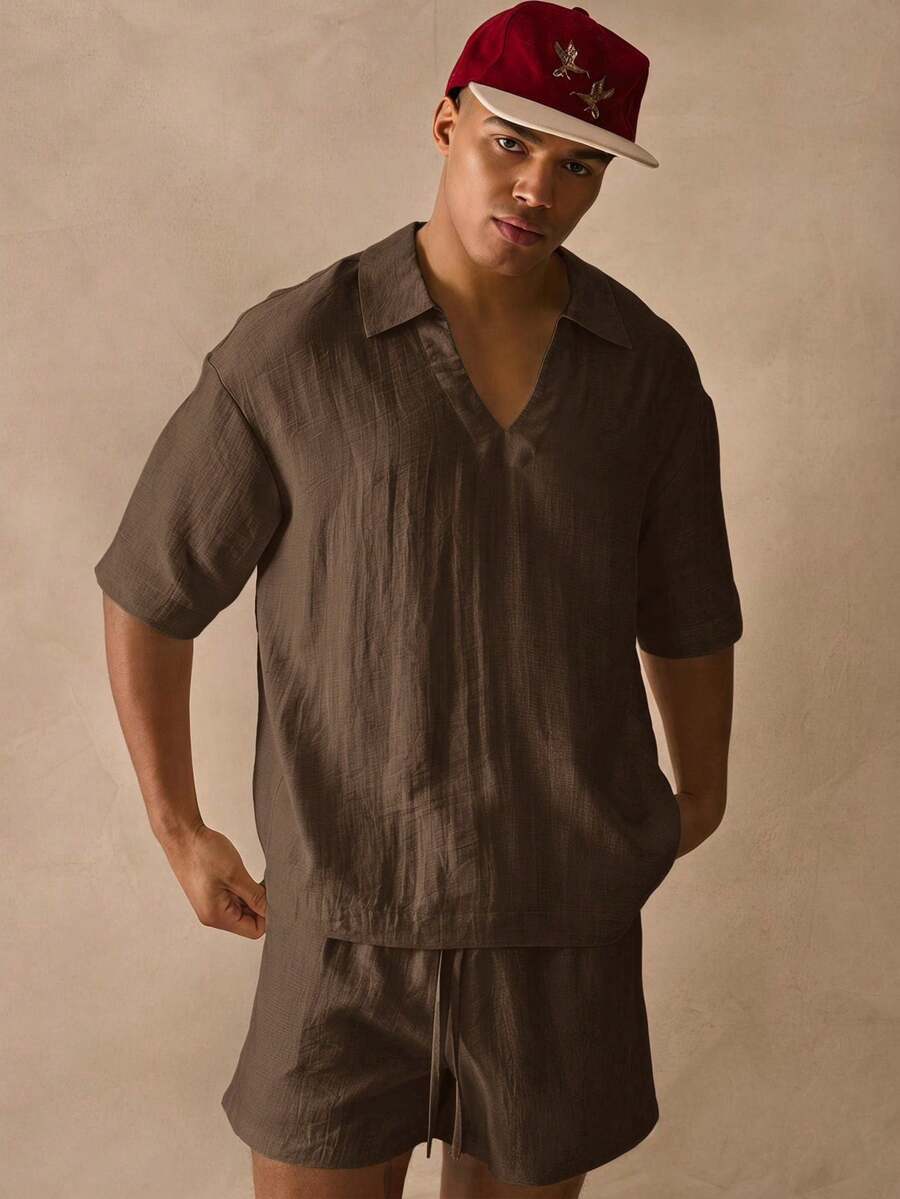 Musero Oversized Short Sleeve Deep V Neck Collared Drop Shoulder Thick Hem Linen Shirt Spring Summer Essentials Beachy Holiday - Brown - View 1