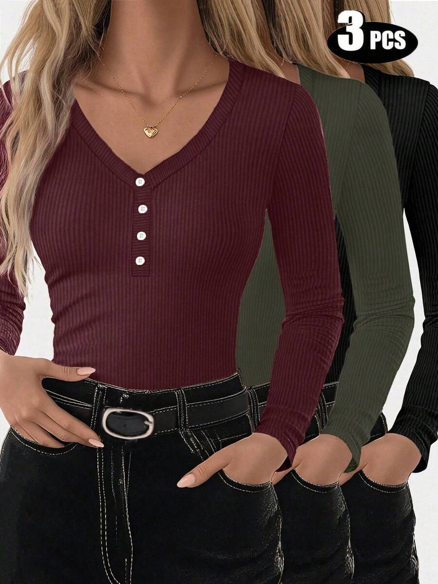 INAWLY 3pcs Women's Autumn Simple Solid Color Button Detail Fitted Long Sleeve T-Shirt Set - Multicolor - View 1