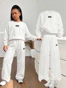 SHEIN Tween女孩極簡時尚百搭牛仔長袖圓領衛衣套裝，秋冬/四季穿著 - 白色 - 查看 3