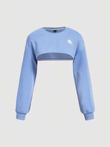 SHEIN MOD Crop top lengan panjang biru bergaya dengan leher bulat dan motif grafis untuk tampilan kasual, hoodie lengan pendek biru muda. - Biru - View 7