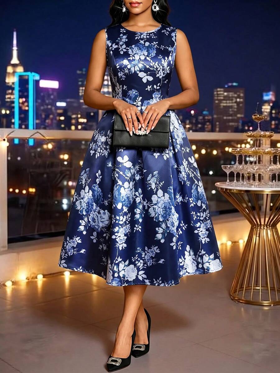 SHEIN Lady 大尺碼女款花卉印花優雅 1950 年代復古 1920 年代收腰派對雞尾酒正式晚宴禮服 海軍藍夏季婚禮 - 藏蓝色 - 查看 1