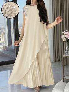 Modelyn Plus Size Women's Faux Pearl Decor Long Top And Pleated Skirt Casual Daily 2-Piece Set - Apricot - View 1