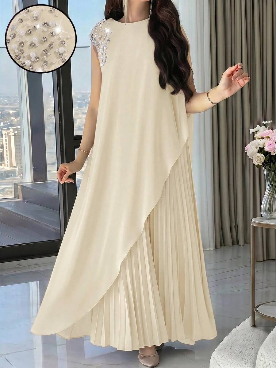 Modelyn Plus Size Women's Faux Pearl Decor Long Top And Pleated Skirt Casual Daily 2-Piece Set - Apricot - View 1