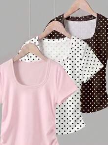 Tween Girls Simple Casual Waist Ruched 3 PiecesSet T-Shirt With Cartoon Pattern, Suitable For Summer - Multicolor - View 3