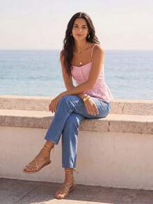 CAJUNI Women's Sweet Vacation Button Embroidered Hollow Out Camisole - Pink - View 4