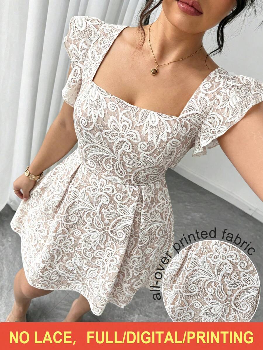 Elenzga Gaun Pendek Elegan Wanita Model A-Line Musim Semi/Panas Ukuran Plus, Warna Dasar Khaki, Motif Renda Putih, Leher Persegi, Lengan Berkerut, Model A-Line - Khaki - View 1