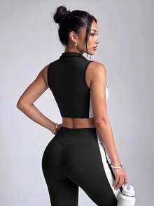 SHEIN Sports Girl Style Doll Half-Zip Line Design Sleeveless Top, Women's Colorblock Sports Tank Jacket - Black, Slim Fit Mock Turtle Neck Sleeveless T-Shirt With Zipper Design - Multicolor - View 2