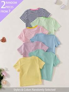 [2pcs Dikirim Secara Acak] Kaos Kasual Katun Lembut Warna Polos/Garis untuk Anak Perempuan, Cocok untuk Musim Panas, Kembali ke Sekolah, Musim Semi, Musim Gugur, Musim Dingin, Warna Polos + Desain Garis dengan Kerah Kontras, Gaya Amerika, 2pcs Dikirim Secara Acak - MultiWarna - View 2