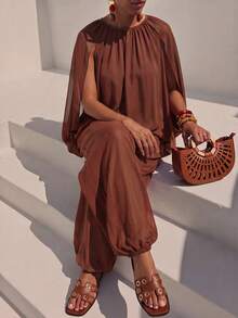 Zivah New Summer Vacation Red-Brown Chiffon Loose-Fitting Pleated Batwing Slit Sleeve Top + Jogger Lantern - Rust Brown - View 5