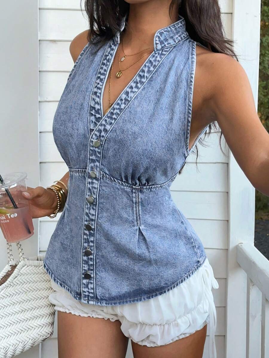 Sunnyshic 女款春夏戶外外出夜生活時尚休閒街頭通勤立領多鈕扣修身藍色牛仔上衣 - 淺色水洗藍 - 查看 1