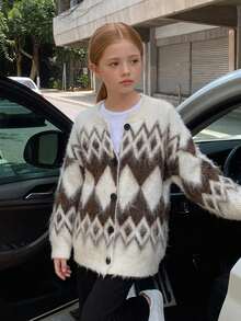 Hapijoa Tween Girl Plaid Loose Fit Autumn Sweater Top, Thick Cardigan, Colorblock Casual Knitwear Winter - Beige - View 2