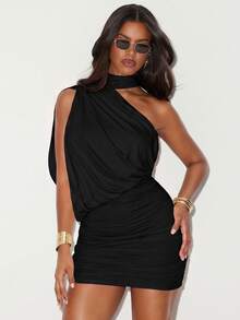 Hauture Women's Sexy One Shoulder Drape Ruched Detail Cut Out Mini Dress - Black - View 1