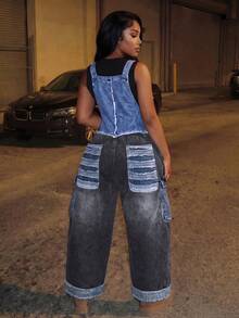 BriallanyX BriallanyX Plus Size Denim Super Loose Patchwork Overalls - Multicolor - View 3