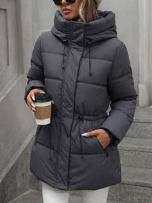 Aveloria Modichic Fashionable Casual Adjustable Waist Plaid Print Hooded Padded Coat Winter - Navy Blue - View 3