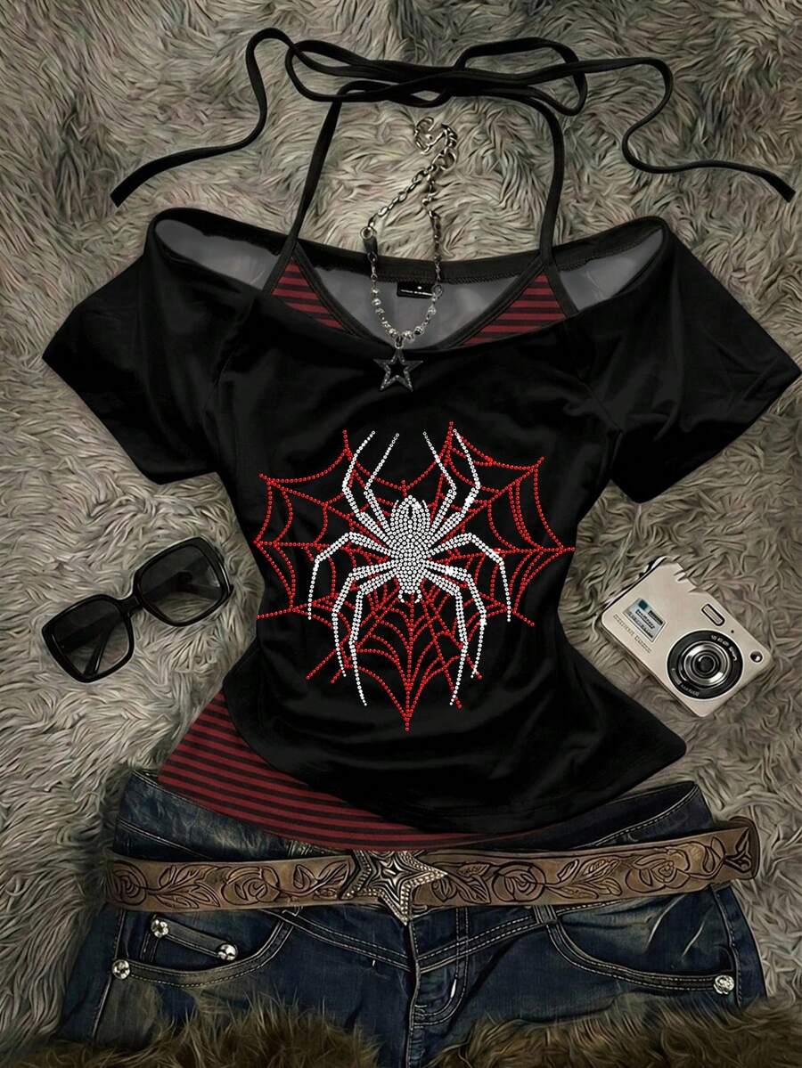 Attitoon Camiseta 2 en 1 para mujer con estampado de araña y patchwork a rayas - Multicolor - Ver 1
