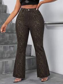 Slaydiva Plus Size Fashion Leopard Print Flare Jeans - Multicolor - View 5