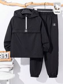SHEIN 2件組兒童青少年男孩半拉鍊連帽外套與慢跑長褲套裝，休閒運動風，適合秋冬 - 黑色 - 查看 6