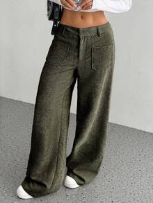 SHEIN Unity Spring Green Corduroy Wide Leg Pants For Women, Low Waist Popular Versatile Loose Straight Leg Long Pants, Front And Back Pocket Design, Street, Holiday - Army Green - View 6