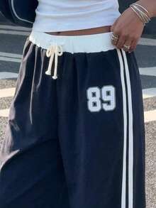 SHEIN 少女蓝白印花腰撞色宽松休闲度假阔腿裤，春夏季 - 藍白色 - 查看 4