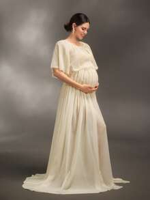 Cheriluna Maternity 女式露肩纯色高开衩荷叶边下摆孕妇摄影连衣裙 - 杏色 - 查看 4
