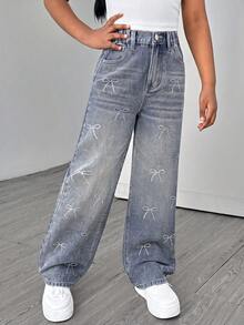 Tween Girls Vintage Distressed Flare Jeans With Bow Rhinestone Decor, Casual Washed Denim Pants - Medium Wash - View 4