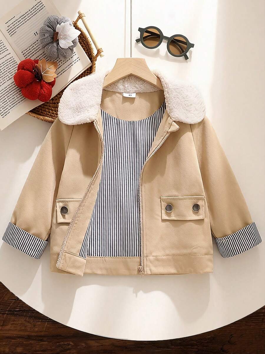 SHEIN Elladie kids 女童 Madeline 複合材質短版夾克 1 件，柔軟保暖，領口與下擺設計，甜美銀色前拉鍊，穿脫方便，對稱假口袋，圓鈕裝飾，精緻修身，俏皮比例，復古甜酷時尚，秋冬款 - 卡其色 - 查看 1