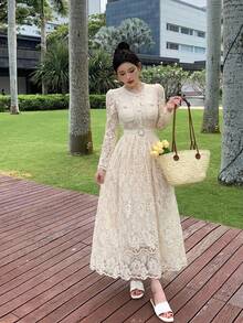 DAZY 精致高档蕾丝系带收腰刺绣连衣裙，柔美韩式优雅减龄中长连衣裙，夏季女装 - 米色 - 查看 12