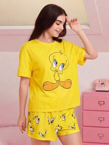 LOONEY TUNES X SHEIN 女款卡通印花短袖T恤與短褲睡衣套裝 - 黃色 - 查看 5
