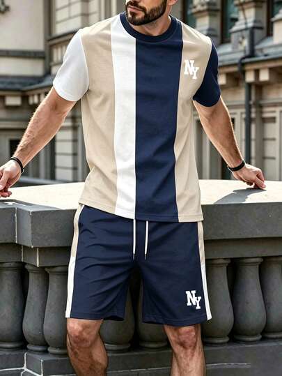 Chillumni Men's Colorblock Patchwork T-Shirt And Shorts Set
