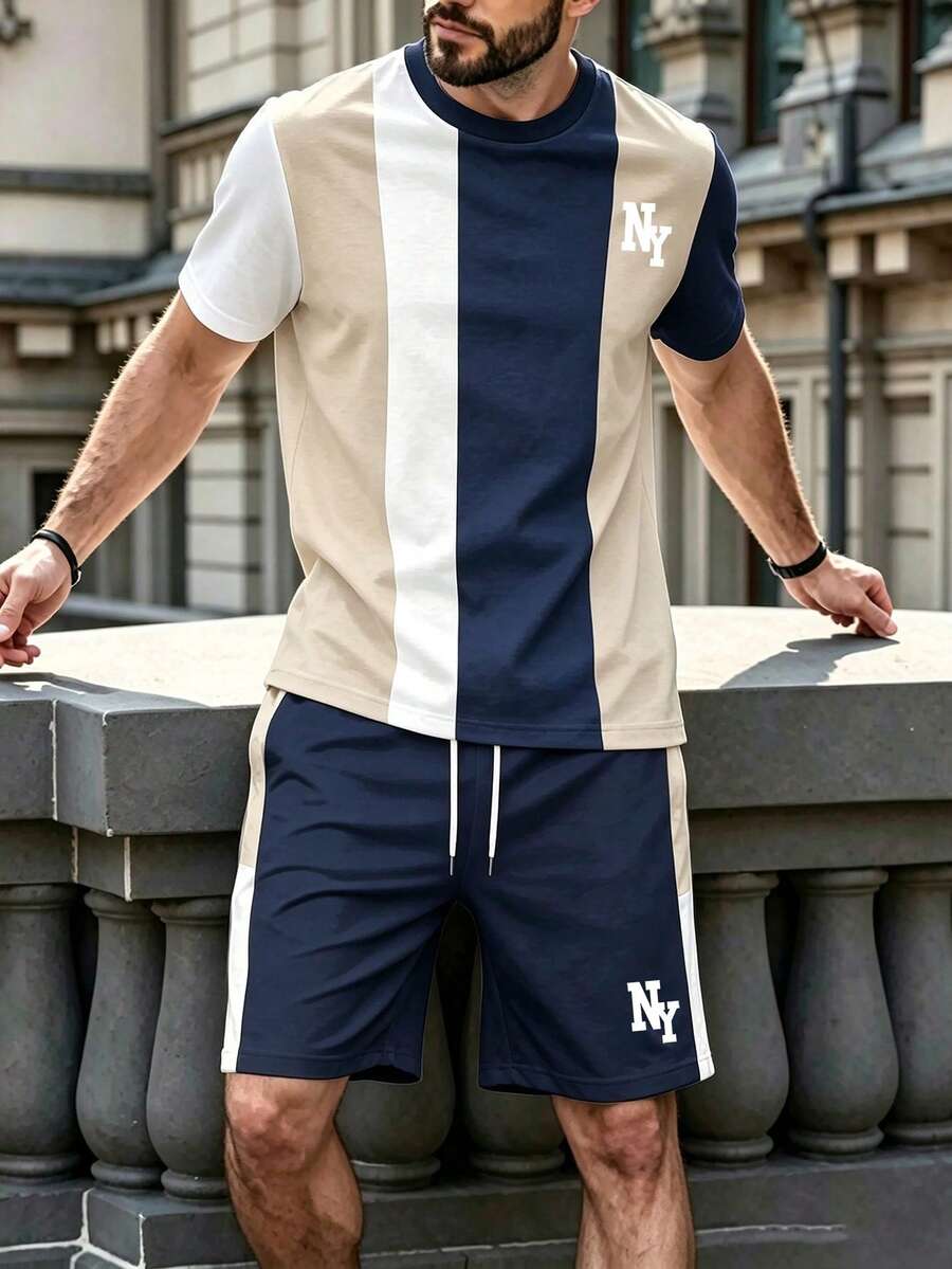 Chillumni Men's Colorblock Patchwork T-Shirt And Shorts Set - Multicolor - View 1
