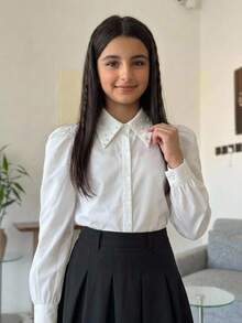SHEIN 兒童青少年女孩秋冬休閒學院風精緻珠飾大領長袖鈕扣襯衫 白色兒童襯衫 返校季小學校服上衣 - 白色 - 查看 7