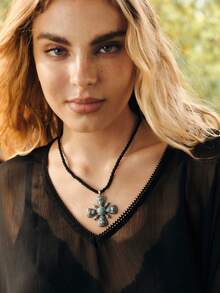 Nocturel 1 buah Kalung Liontin Salib Bertatahkan Batu Turkuois Gaya Bohemian Vintage, Cocok untuk Pemakaian Sehari-hari Wanita - Kalung Salib Pirus - View 5