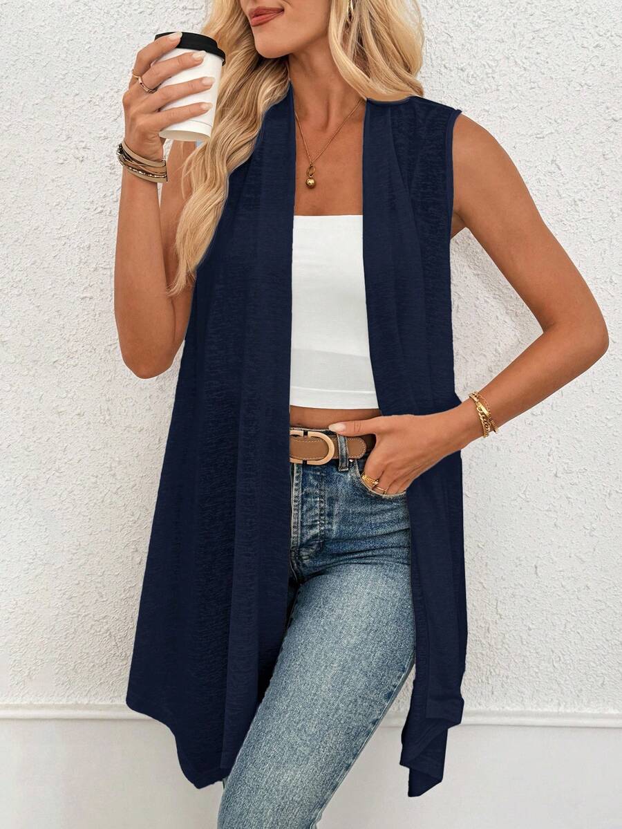Easowa Sleeveless Open Front Solid Color Asymmetric Hem Vest Top Office Outfits For Women - Navy Blue - View 1