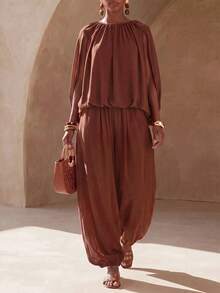 Zivah New Summer Vacation Red-Brown Chiffon Loose-Fitting Pleated Batwing Slit Sleeve Top + Jogger Lantern - Rust Brown - View 8