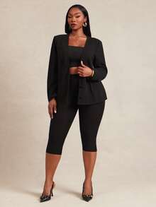 Radiana Plus Size Women's Summer Deep V-Neck Minimalist Casual Elegant Basic Fitted Elastic Fabric Blazer Suitable For Commuting Office Business Formal Black - Black - View 7