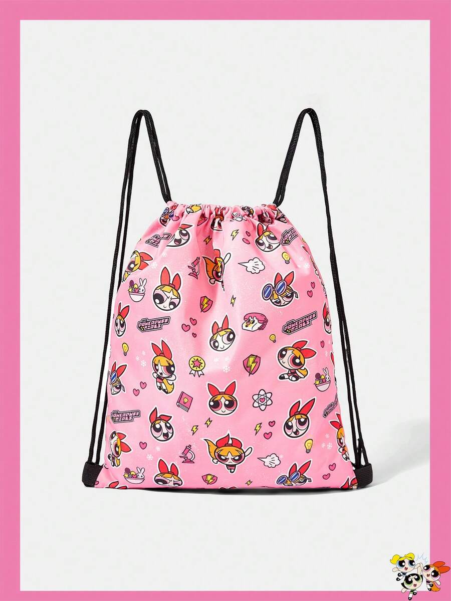 THE POWERPUFF GIRLS X SHEIN Allover Cartoon Character & Heart Element Print Drawstring Storage Backpack, Adjustable Drawstring Sack Bag For Gym Sports Outdoor Daily Storage - Cartoon-5 - View 1