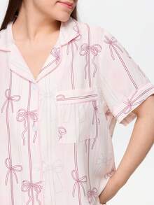 Bonmuse Bow Print Short Sleeve & Long Pants Pajama Set, Plus Size - Apricot - View 6