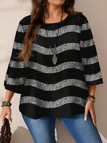 EMERY ROSE Plus Size Women Black Striped Autumn Shirt, Smart Casual Normal All-Over Print Round Neck Loose 3/4 Sleeve Tops, Night Out Club Flower Summer - Multicolor - View 5
